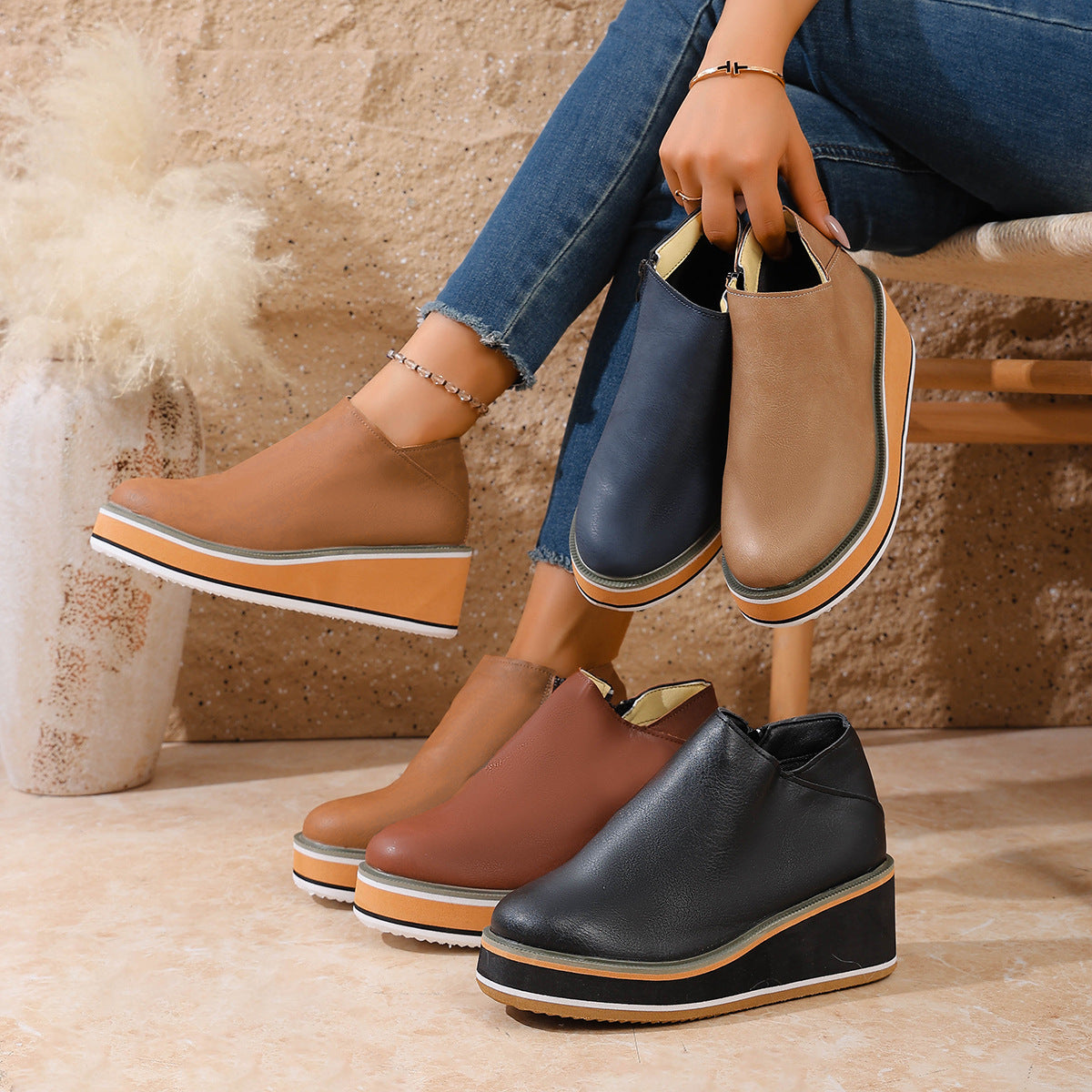 Womens Wedge Heel Ankle Boots Side Zipper Pointed Toe Comfortable Short Boots
