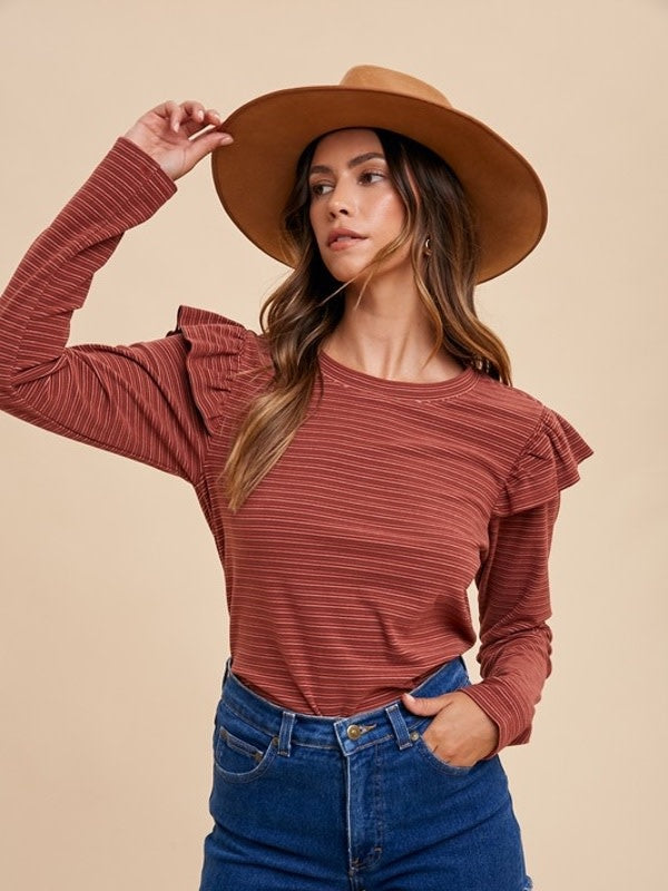 Soft Touch Striped Ruffle Shoulder Top - Brick Red