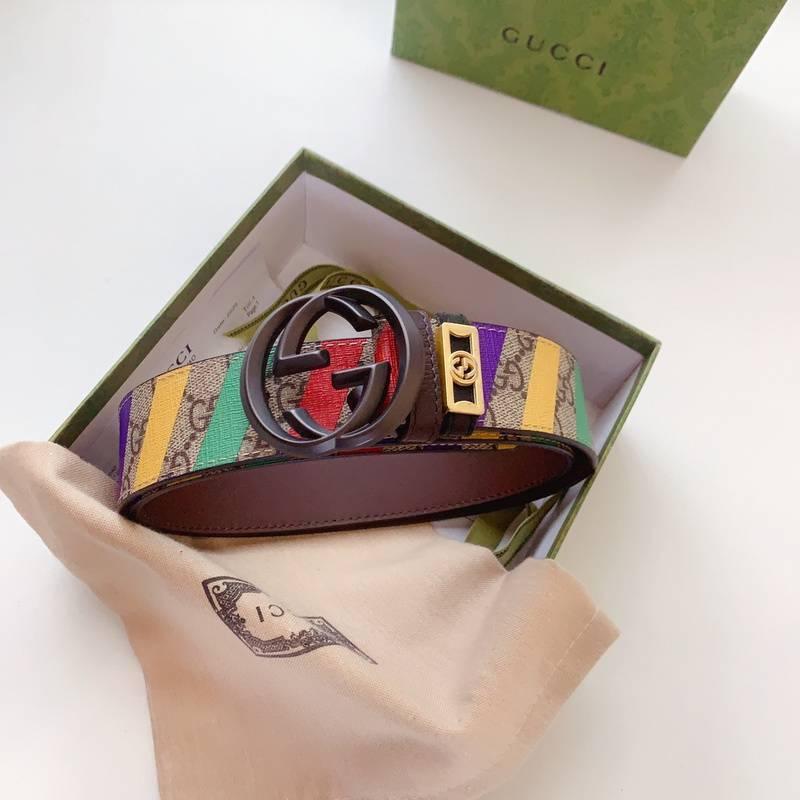 GUCCI Embellished coated-canvas and leather belt &