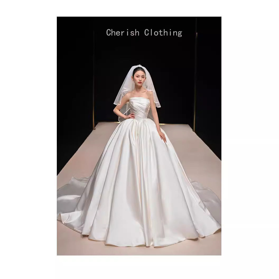 Court Satin Strapless Wedding Dress Long Train