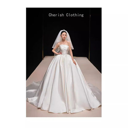 Court Satin Strapless Wedding Dress Long Train