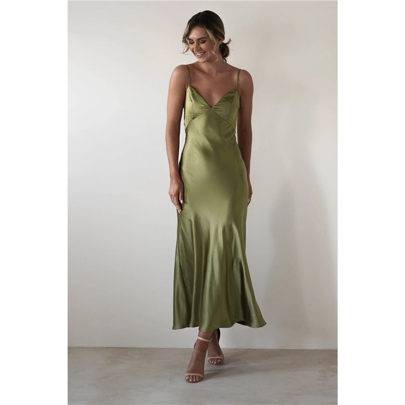 Satin Strap Backless Long Dress