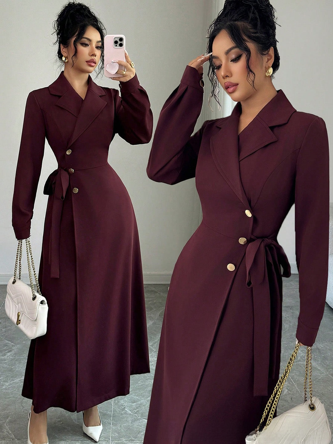 Womens Suit Collar Long Sleeve Waist Tie Dress