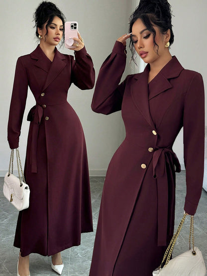 Womens Suit Collar Long Sleeve Waist Tie Dress