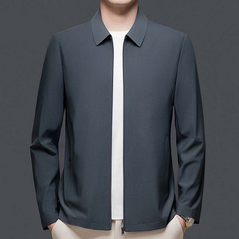 Mens versatile casual light gray lapel jacket with patch pockets for spring and autumn