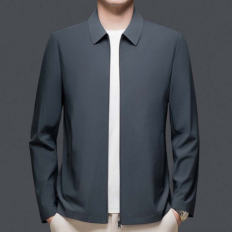 Mens versatile casual light gray lapel jacket with patch pockets for spring and autumn