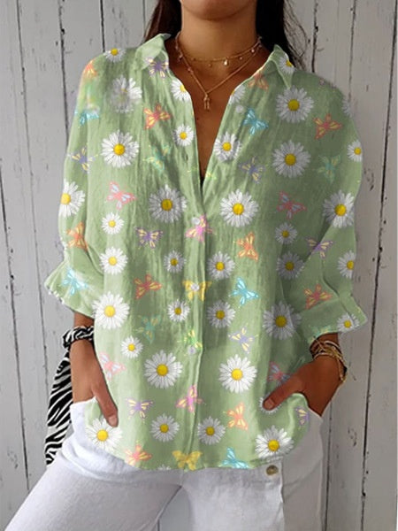 Floral Print Long Sleeve Womens Lapel Cardigan Shirt