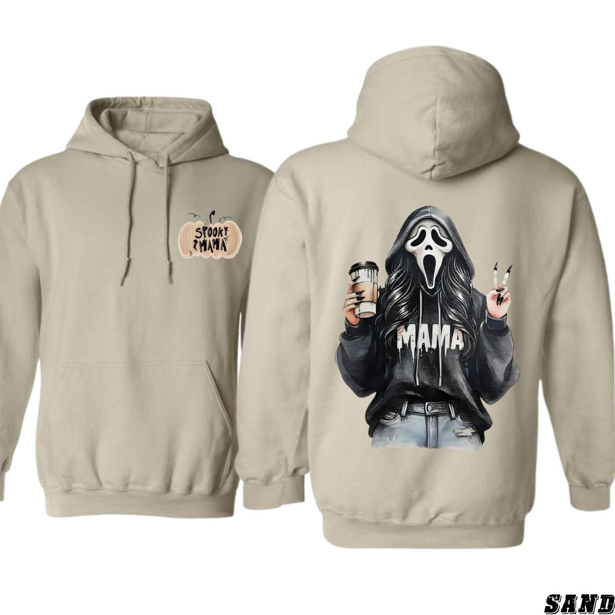 Spooky Mama Halloween Hoodie – Ghost Face Girl Drinking Coffee