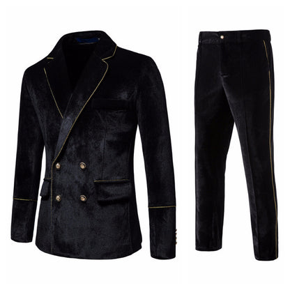 Velvet Gold Trim Double Breasted Suit Set