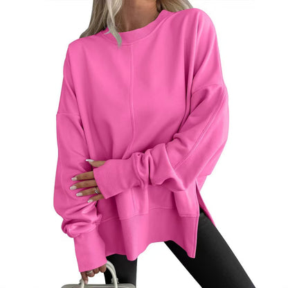 Womens Loose Bat Sleeve Side Slit Round Neck Fleece Lined Sweatshirt