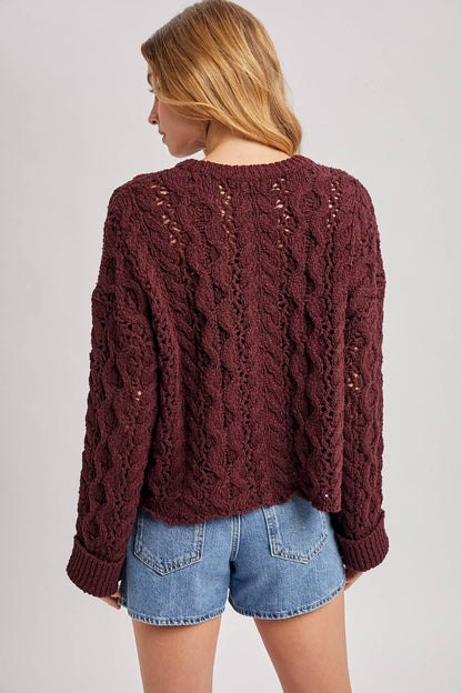 Half-Button Down Open Knit Sweater: ECRU