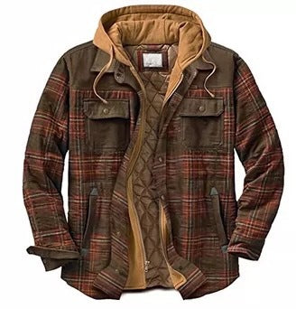 Men Plaid Thickened Cotton Hooded Jacket Coat