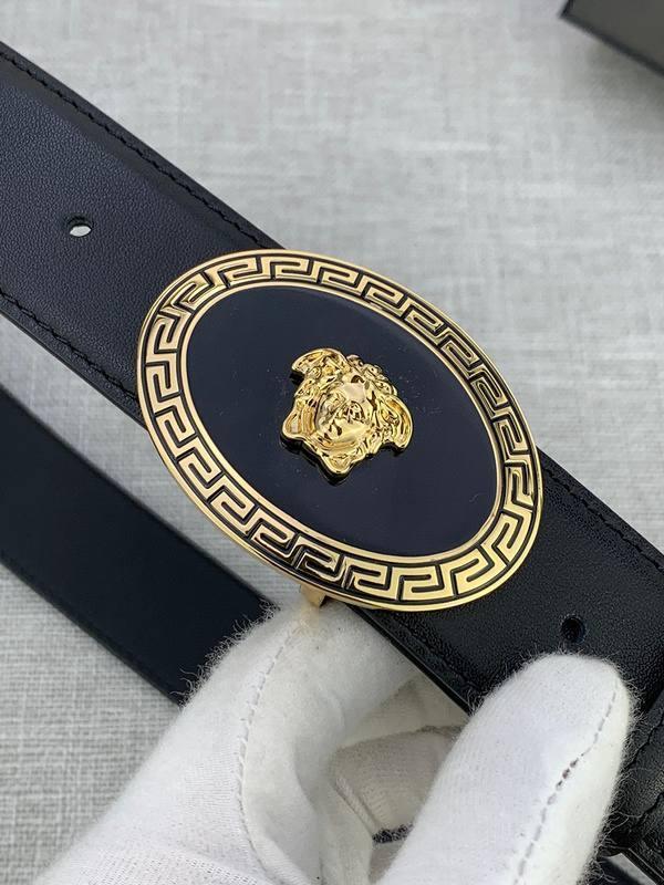 Versace Black Leather Vitello Belt Gold Medallion Buckle