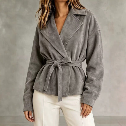 Lapel Suede Lace-Up Short Coat Loose Long Sleeve Jacket