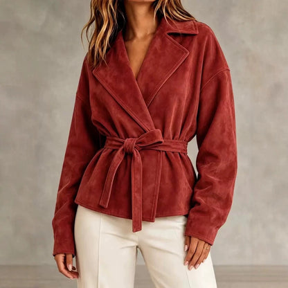 Lapel Suede Lace-Up Short Coat Loose Long Sleeve Jacket
