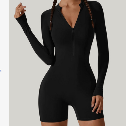 Jumpsuit Long-Sleeved Shorts with Open Collar and Zip-Up Sportswear Leggings