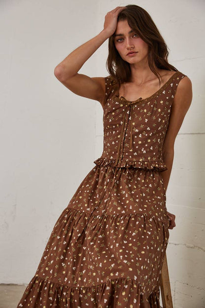 Floral Lace Trim Front Tie Top &amp; Skirt Set
