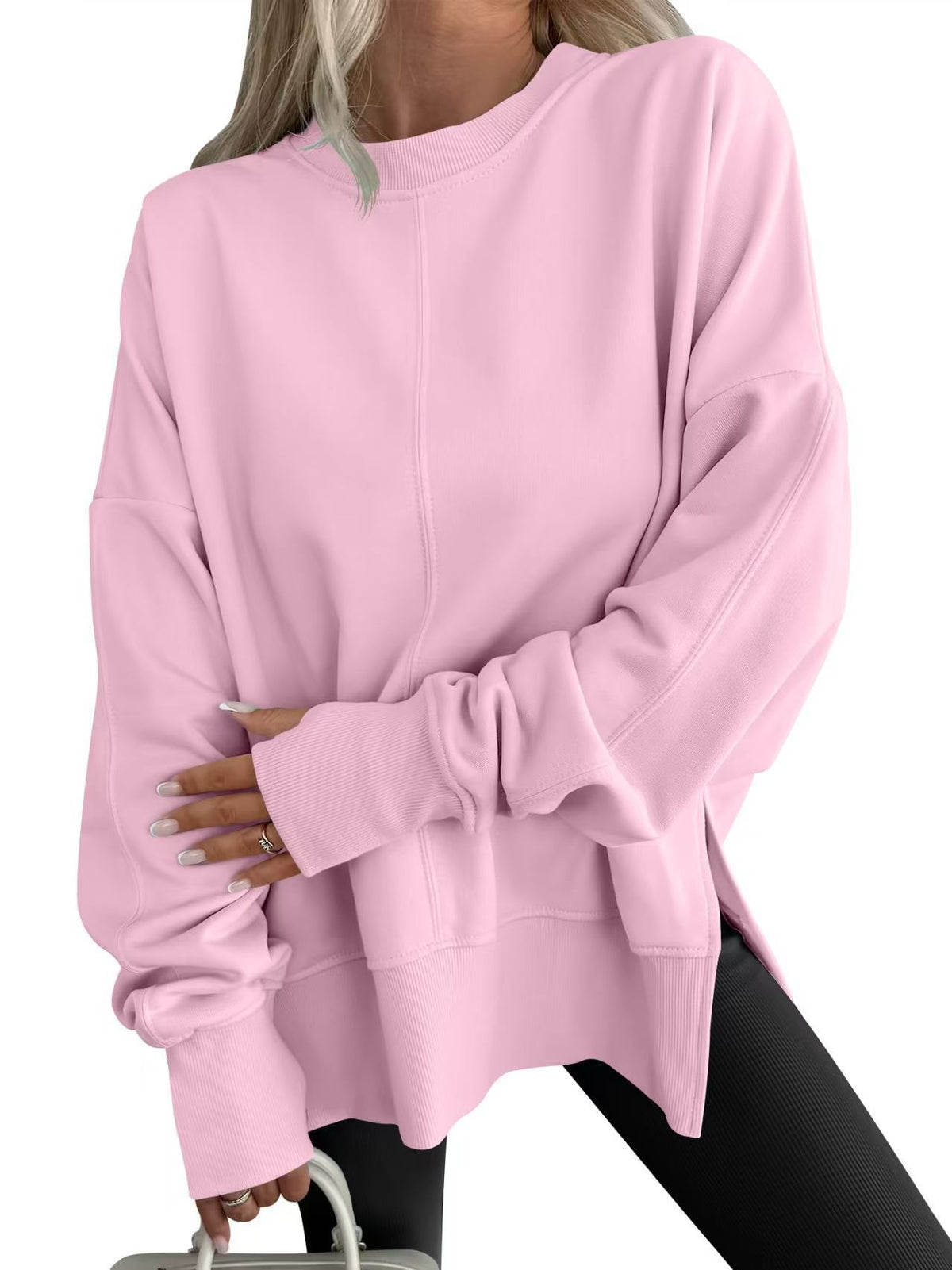 Womens Loose Bat Sleeve Side Slit Round Neck Fleece Lined Sweatshirt