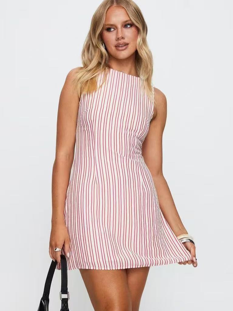 Striped Print Sleeveless Crew Neck Dress