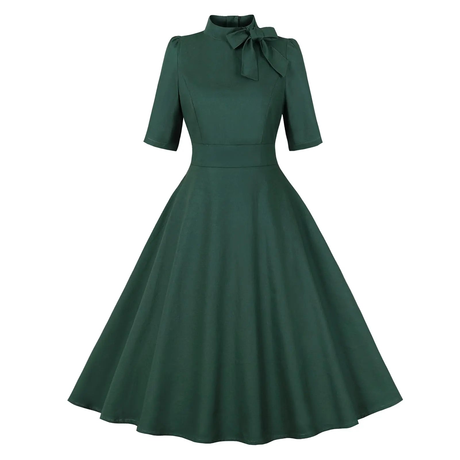 Dark green 1950s style rockabilly dress for women with short sleeves, tie neck, swing skirt, vintage Audrey Hepburn-inspired design