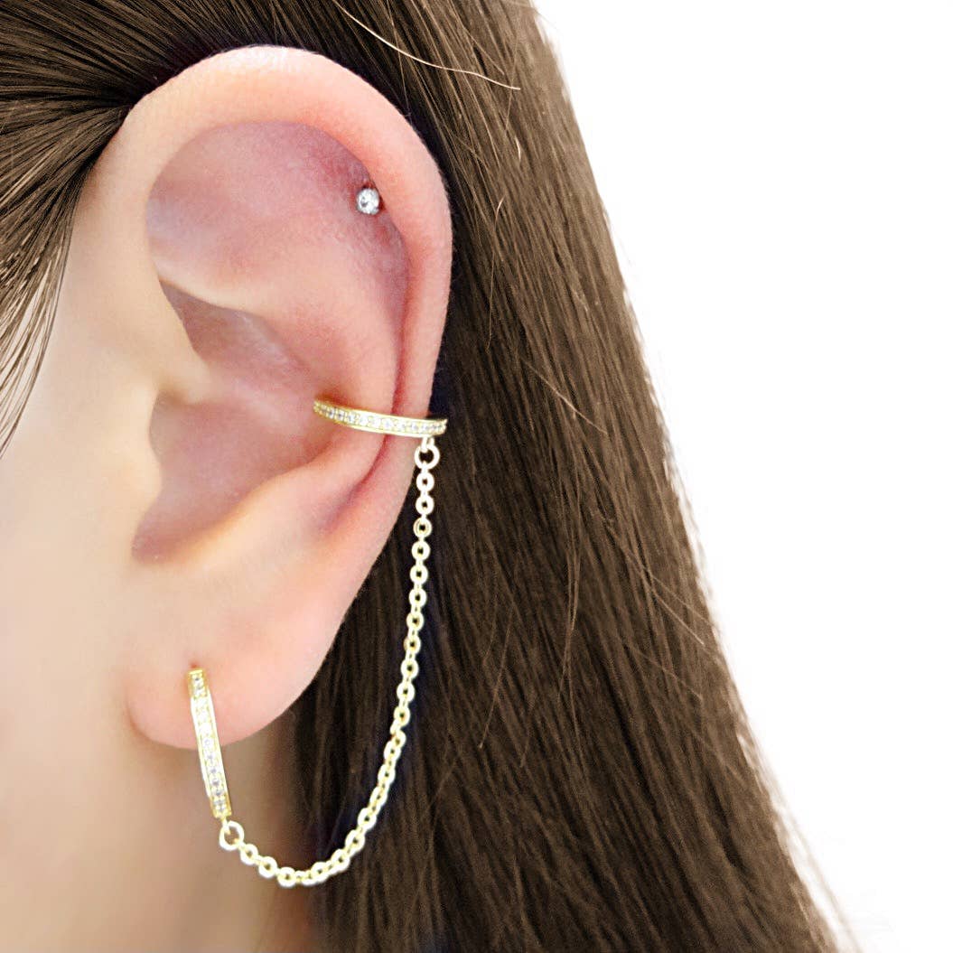 CZ Diamond Chain Ear Cuff with Hoop Earring: Gold
