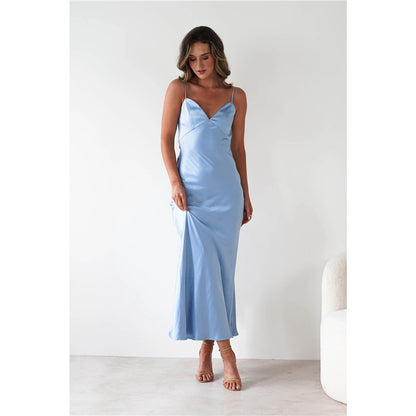 Satin Strap Backless Long Dress