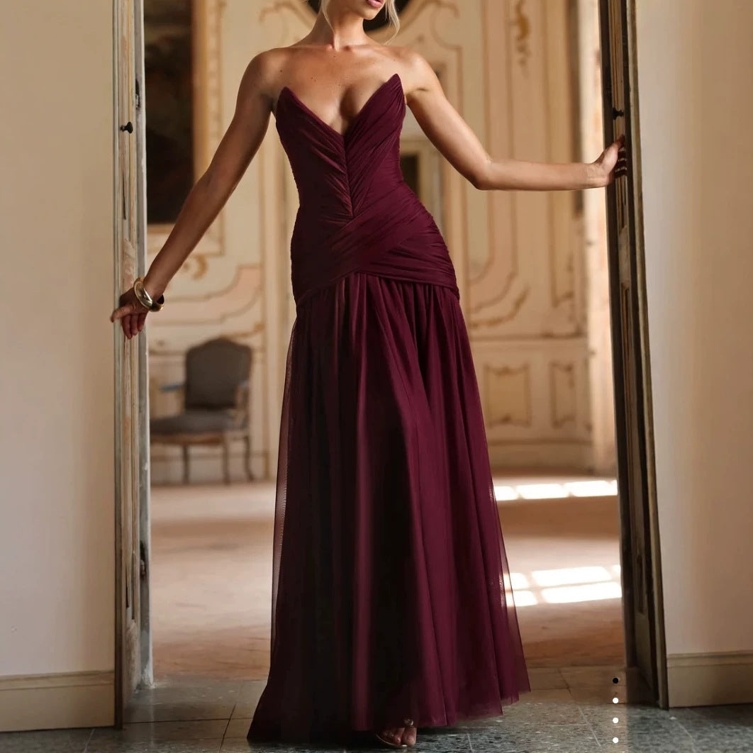 Womens Deep V-neck Mesh Evening Gown