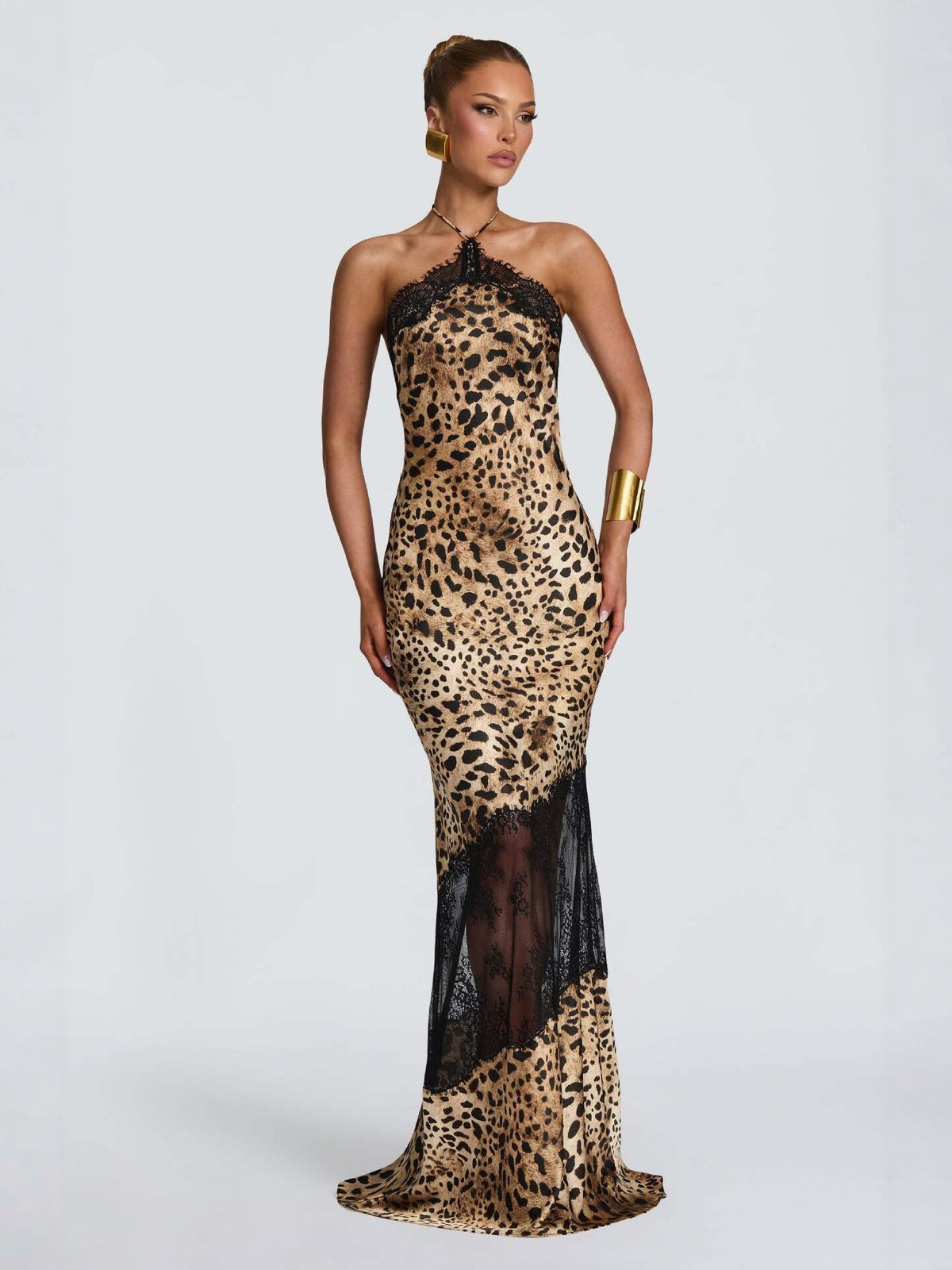 Leopard Print Stitching Lace Deep V Strap Fishtail Dress