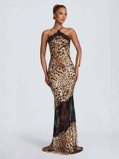 Leopard Print Stitching Lace Deep V Strap Fishtail Dress