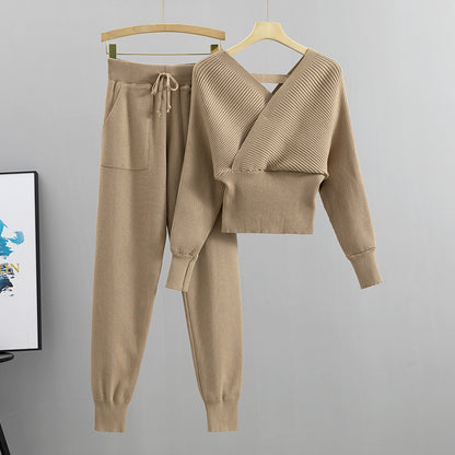Women Double V Neck Off Shoulder Knitted Two Piece Suit