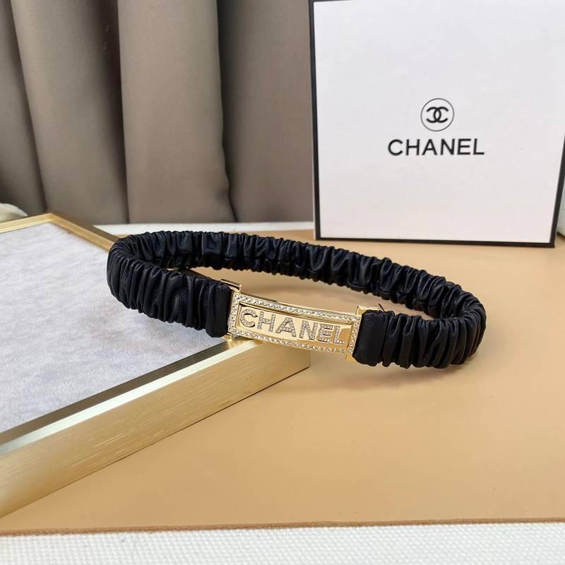 Chanel Logo Buckle Elastic Belt Leather with Metal and Crystals &