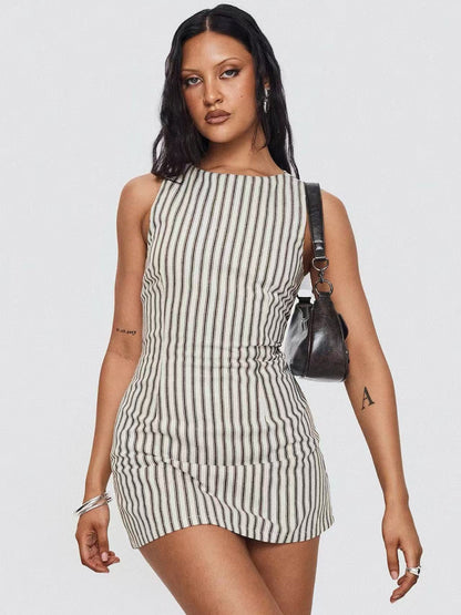 Striped Print Sleeveless Crew Neck Dress