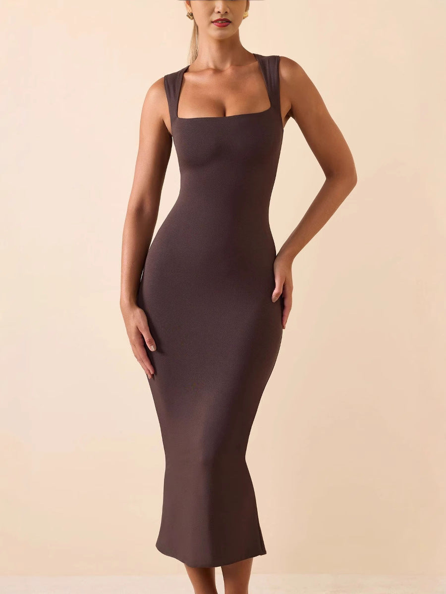 Elegant Pure Color Suspender Dress
