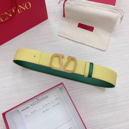 Valentino V logo Hammered Buckle Reversible Wide Signature Belt &