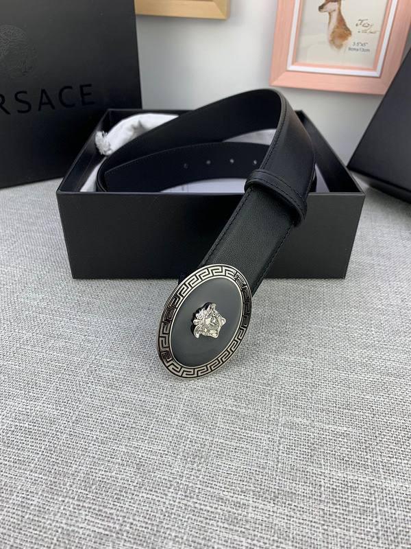 Versace Black Leather Vitello Belt Silver Medallion Buckle