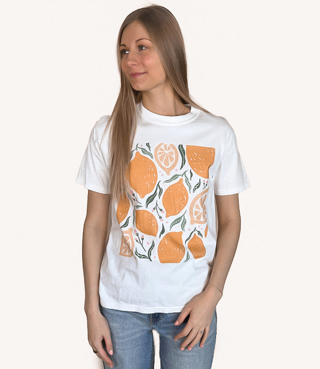 Whimsical Lemon Graphic Tee - White