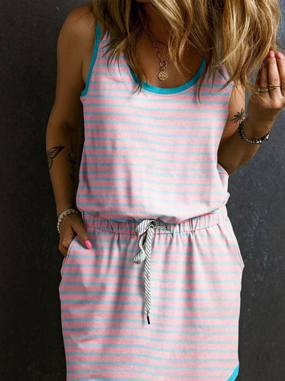 Stripe Contrast Casual Tank Dress - Pink