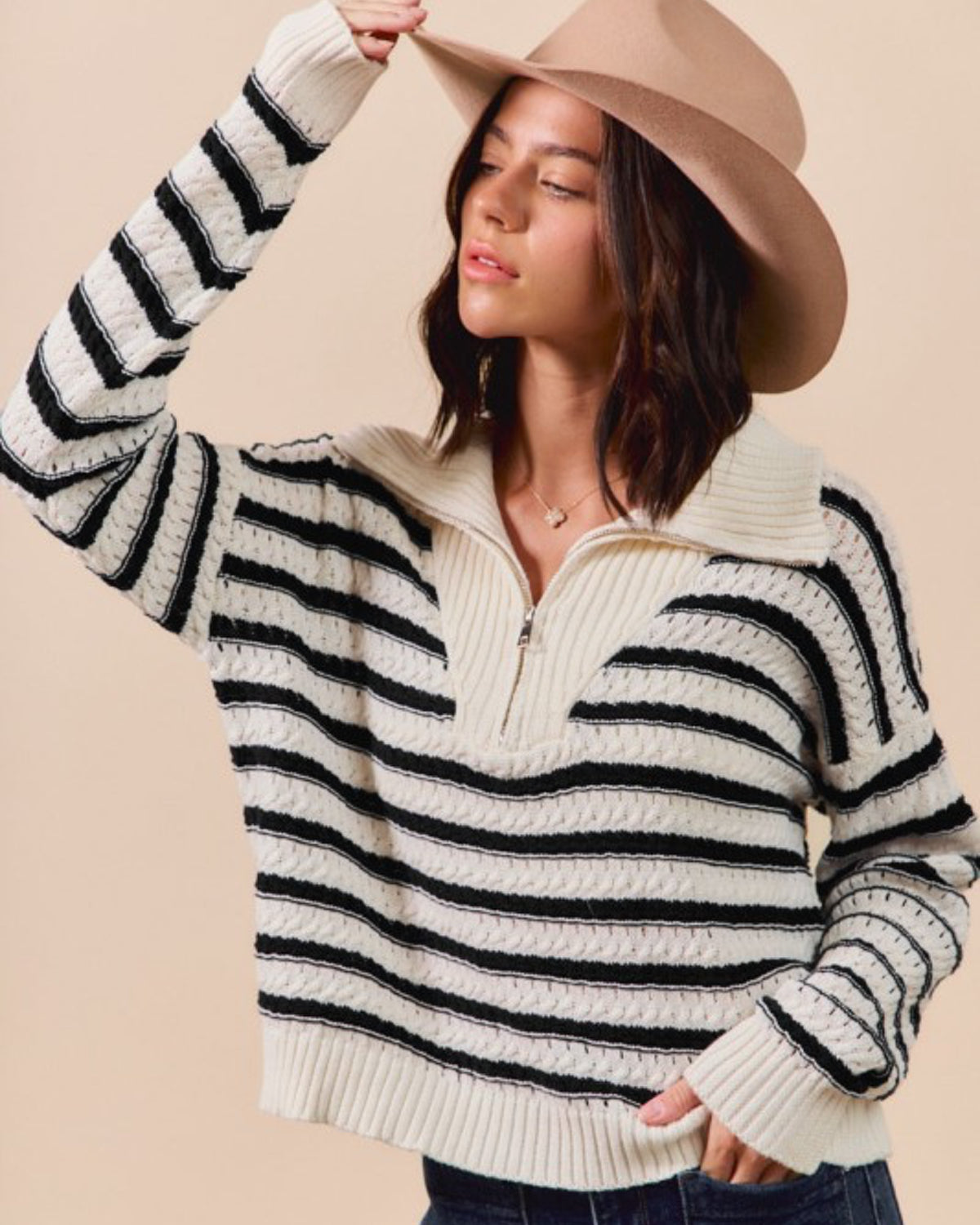 Cable Knit Stripe Zip Up Sweater