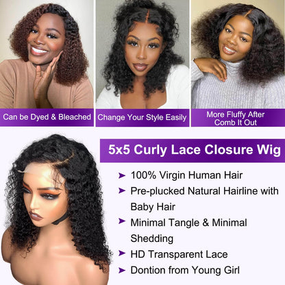 StariaHair 5"x5" Curly Bob Wig Transparent Lace Closure Wig 