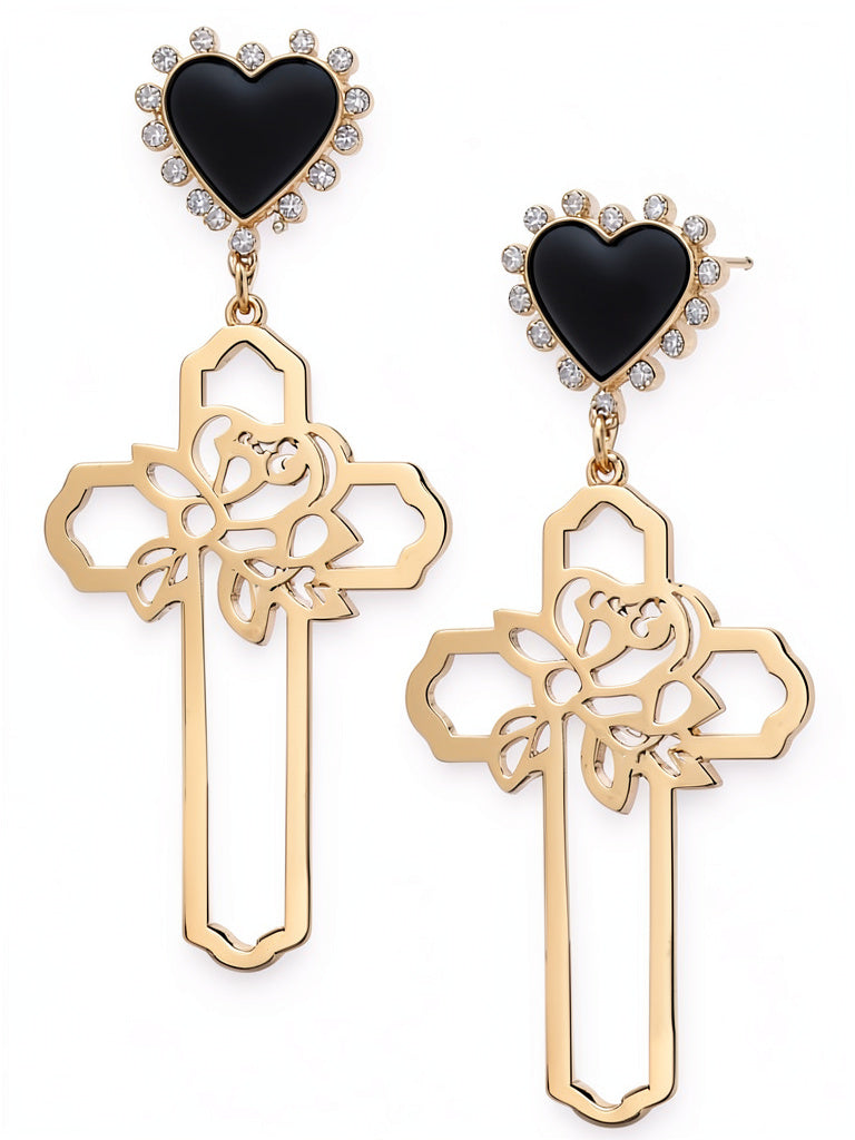 Thalia Sodi Gold-Tone Rose-Cross and Heart Stud Drop Earrings