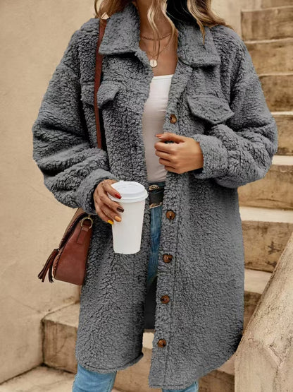 Womens Winter Plush Coat Open Front Lapel Long Coat