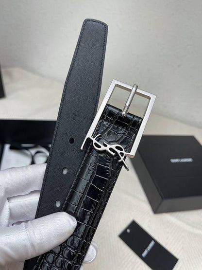 Saint Laurent Classic Monogram Square Buckle Belt Crocodile Embossed Leather