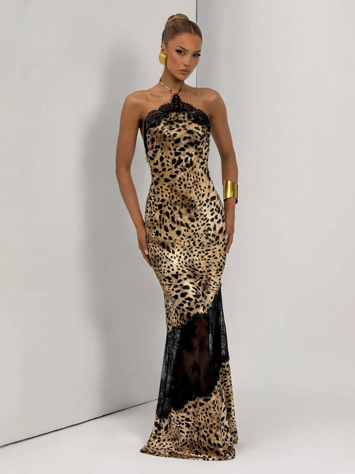 Leopard Print Stitching Lace Deep V Strap Fishtail Dress