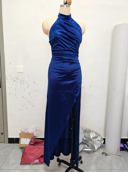 Neck-baring tight-fitting, waist-shrinking, slit-bottomed dress formal gown