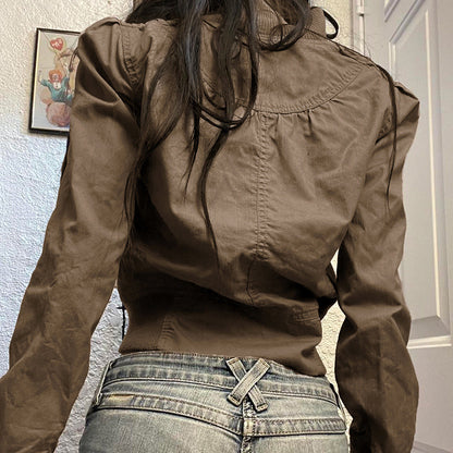 Vintage Brown High-Neck Slim-Fit Jacket