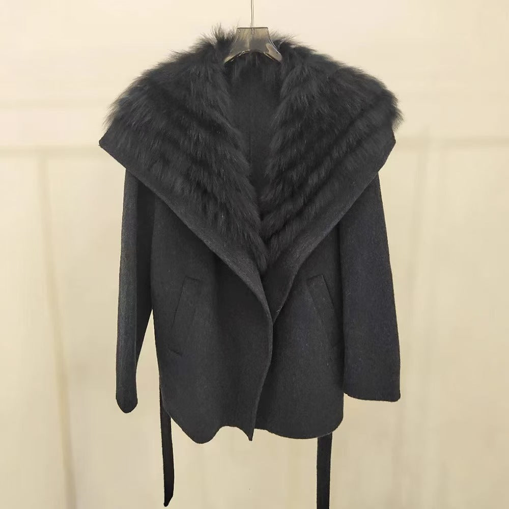 Womens Fox Fur Collar Cashmere Belted Coat