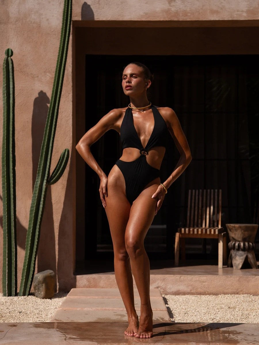 Sexy Halter Neck Deep V Push Up One Piece Swimsuit