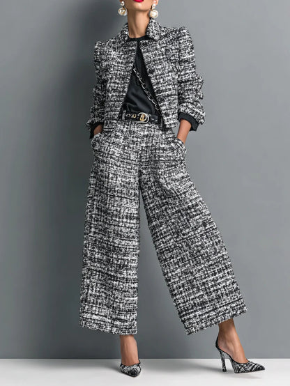 Women Lapel Short Jacket Wide Leg Pants Suit Two Piece Set
