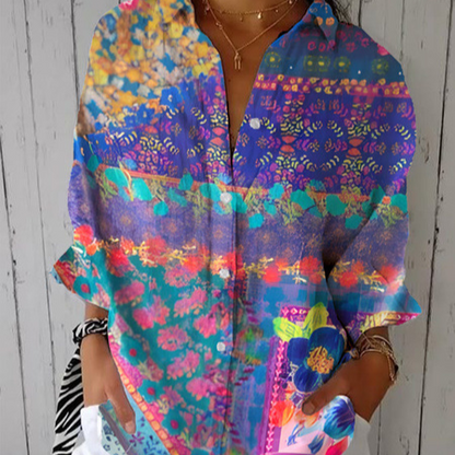 Floral Print Long Sleeve Womens Lapel Cardigan Shirt