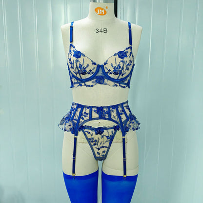 Floral Embroidery Lingerie Set with Garter Belt